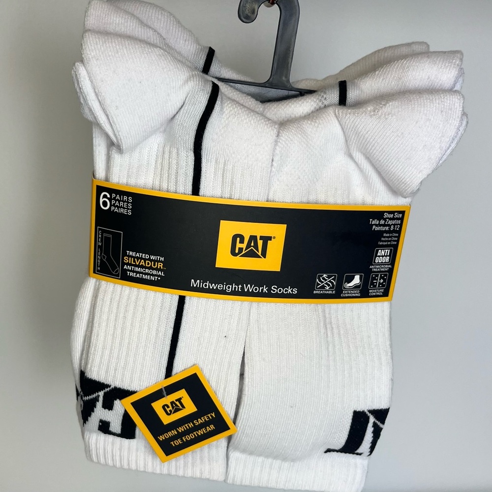 CAT White Midweight Work Socks, Anti-Odor, Cushioned Men's 8-12